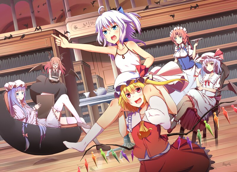 Anime Girls in Library — Purple, Chaotic, Night