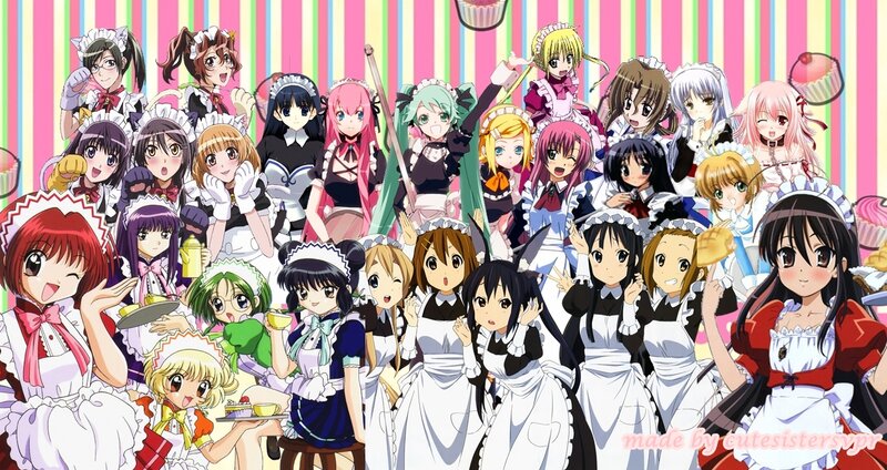 Anime Girls in Maid Outfits — Pink, Cheerful