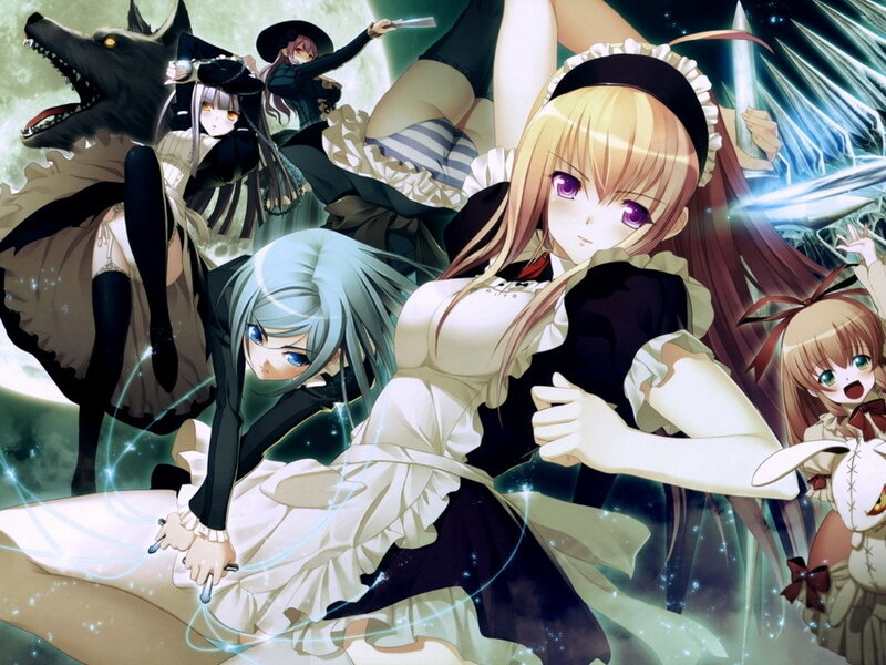 Anime Girls in Maid Outfits — White, Dramatic, Night