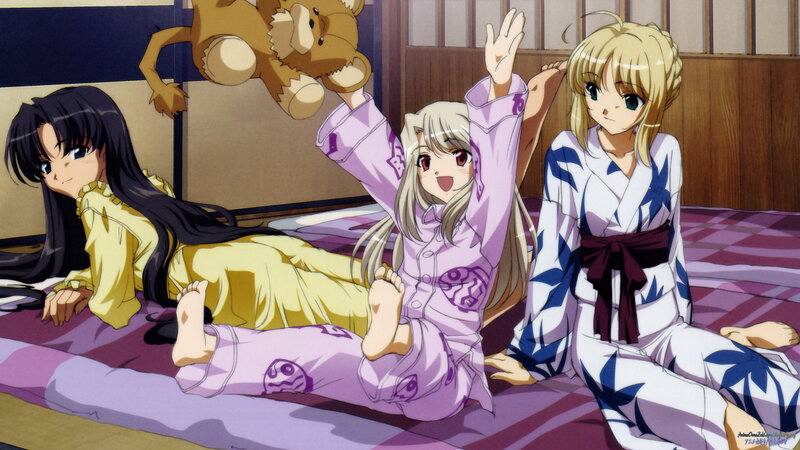 anime girls in pajamas on bed