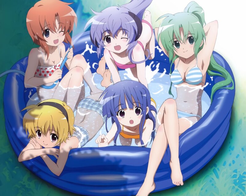 Anime Girls in Pool — Blue, Playful, Summer, Swimming Suits