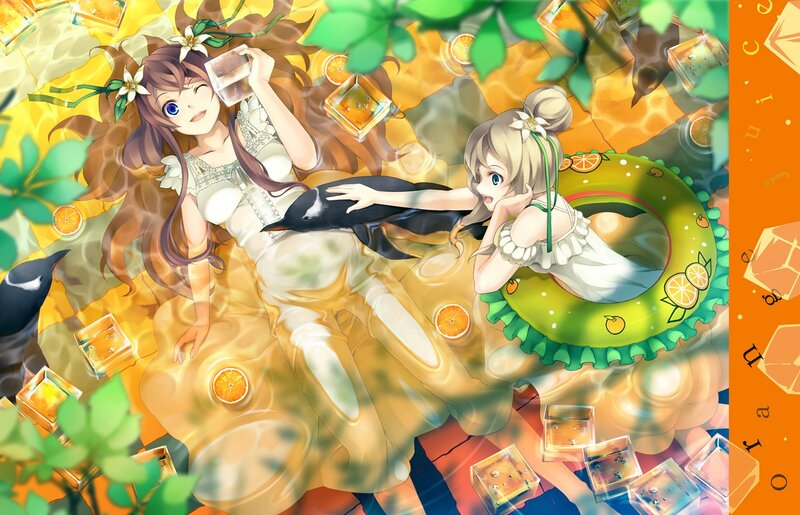 Anime girls in pool with penguins