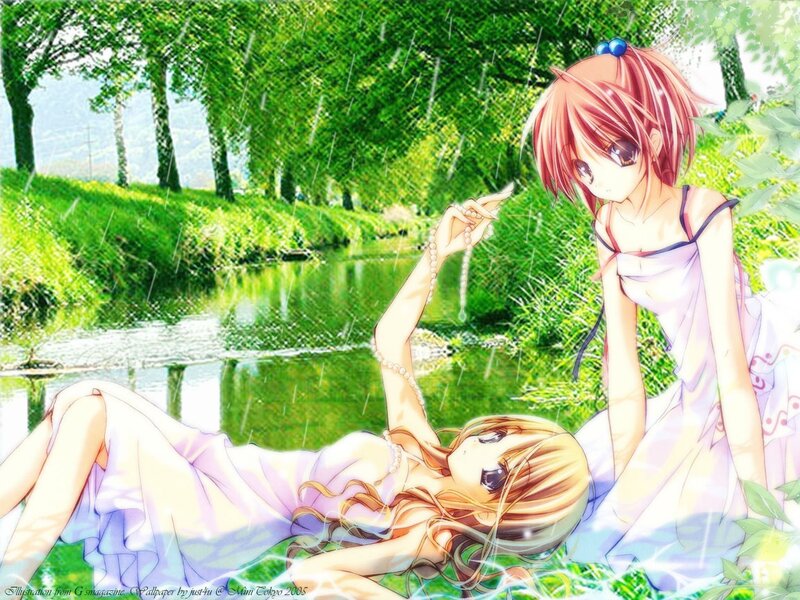 Anime girls in rain by river