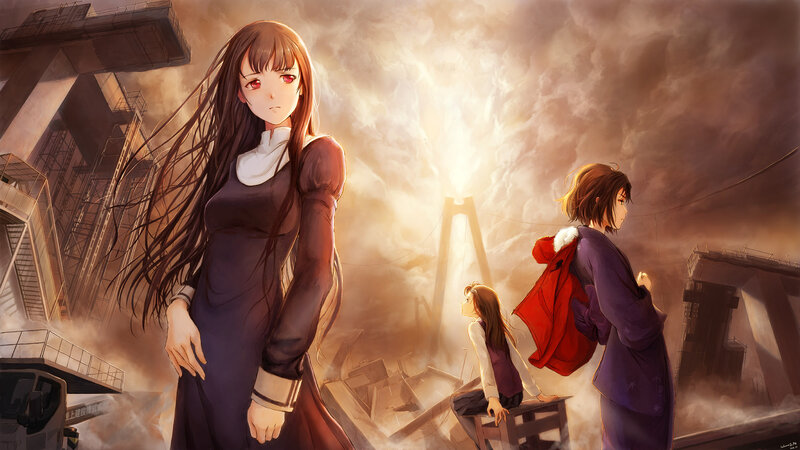 Anime Girls in Ruins — Brown, Dramatic, Sunset