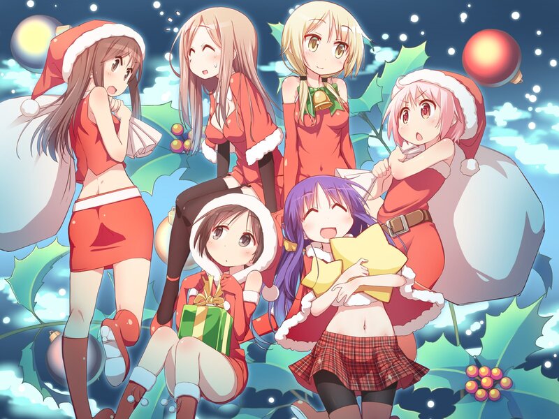 Anime Girls in Santa Outfits — Red, Festive, Night