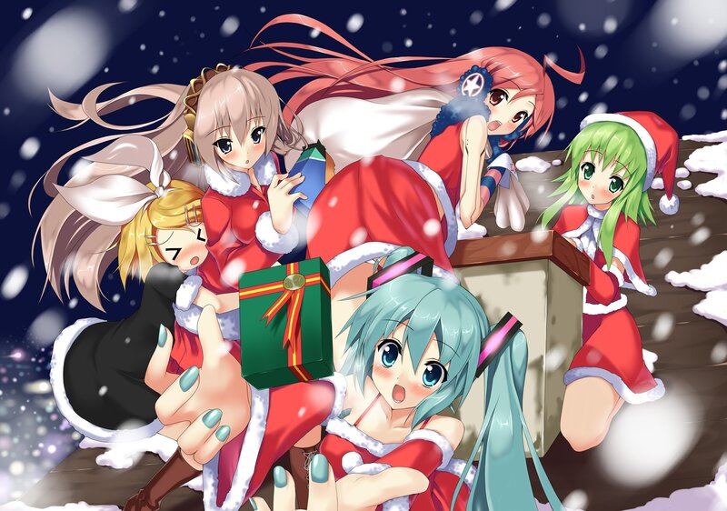 Anime Girls in Santa Outfits — Red, Festive, Winter, Digital Art, Snow, Gifts