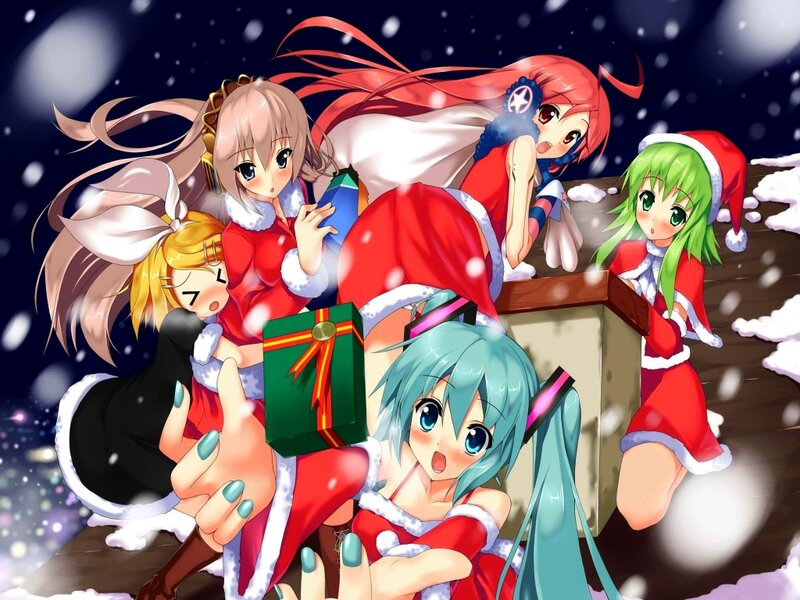 Anime Girls in Santa Outfits — Red, Festive, Winter, Digital Art