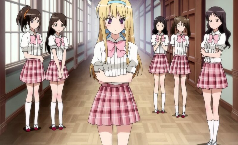anime girls in school hallway