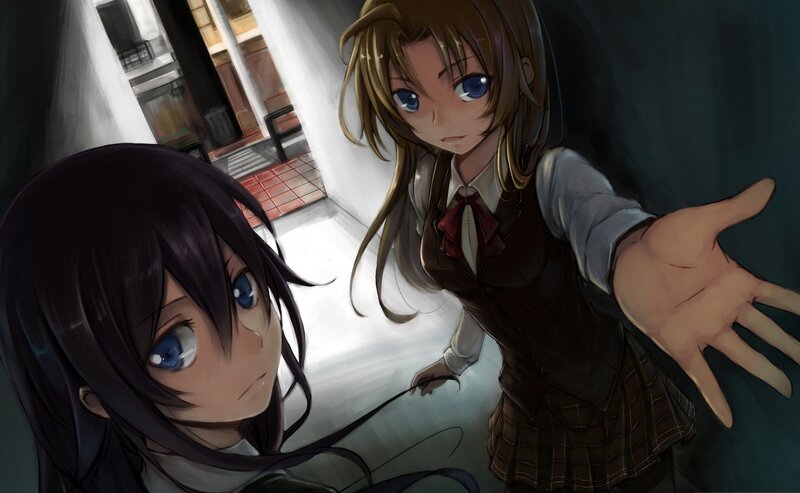 anime girls in school hallway