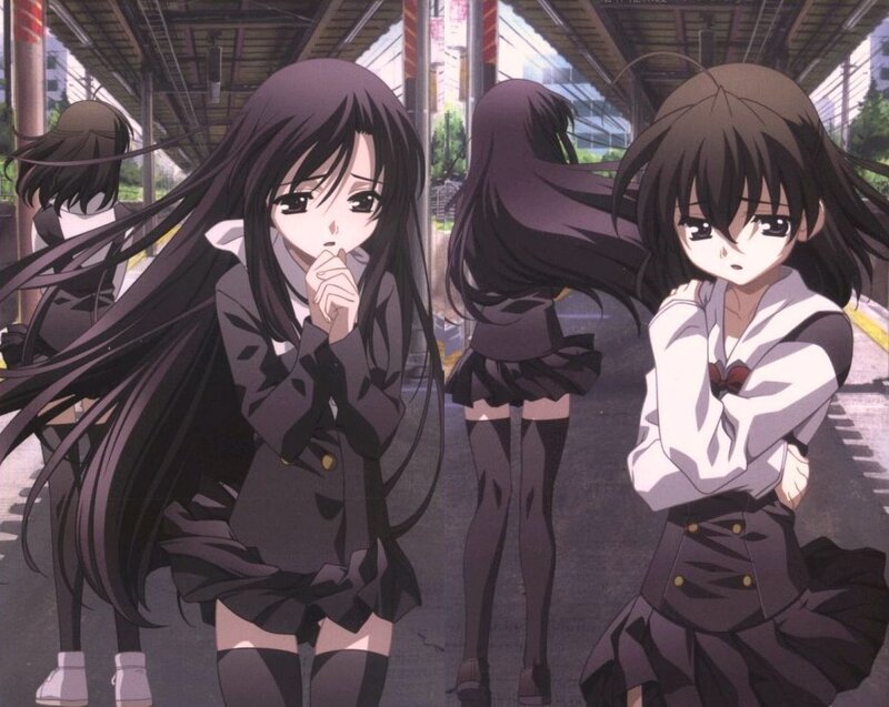 Anime Girls in School Uniforms — Black, Dramatic, Afternoon