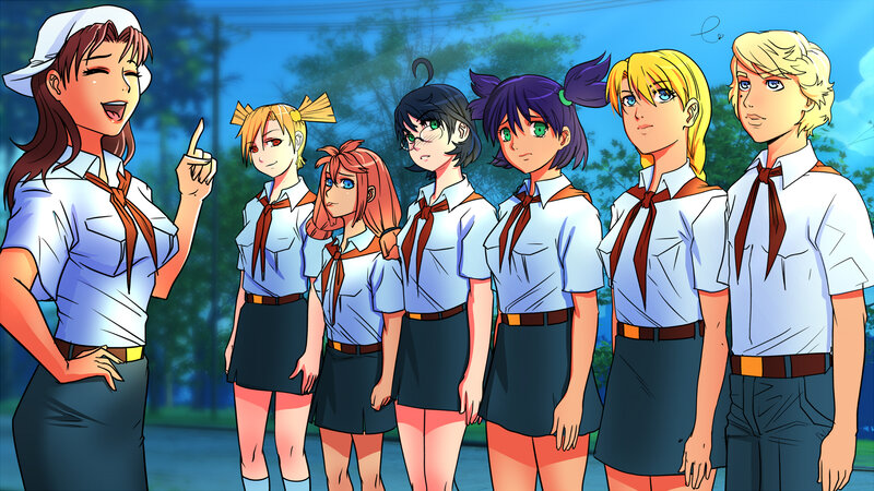 Anime Girls in School Uniforms — Blue, Calm, Afternoon