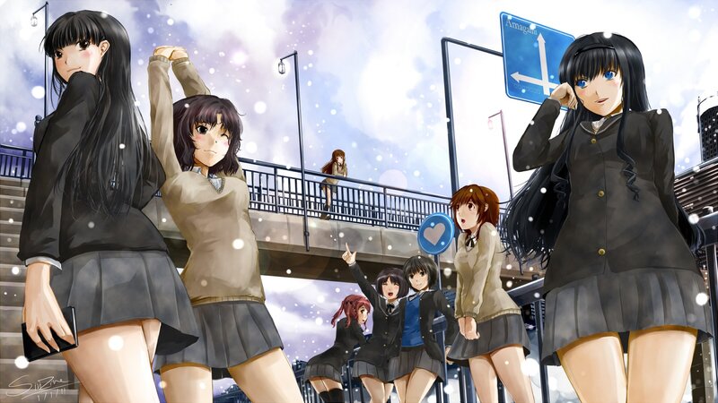 Anime Girls in School Uniforms — Blue, Calm, Winter, Digital Art