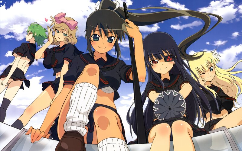 Anime Girls in School Uniforms — Blue, Cheerful, Afternoon