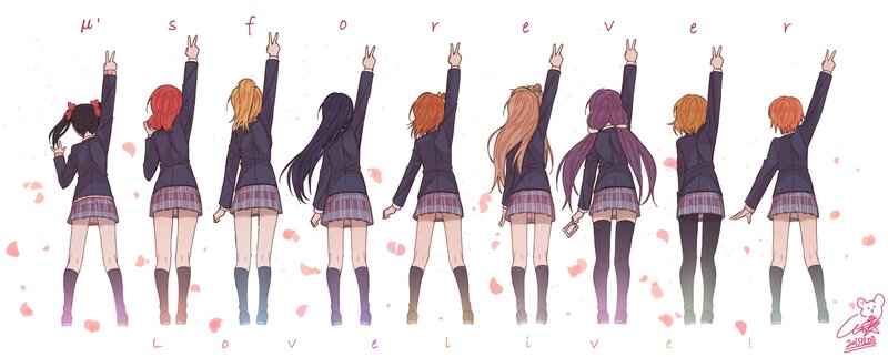 Anime Girls in School Uniforms — Blue, Cheerful, School Uniform, Back View