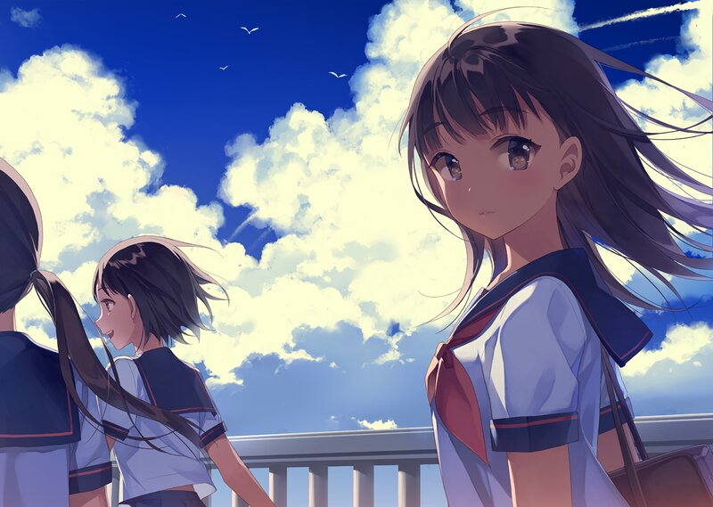 Anime Girls in School Uniforms — Blue, Serene, Afternoon, Sky
