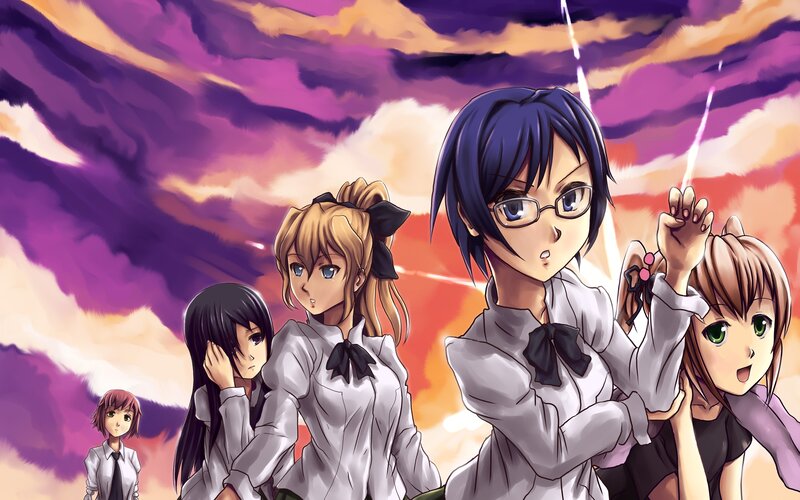 Anime Girls in School Uniforms — Purple, Dramatic, Sunset
