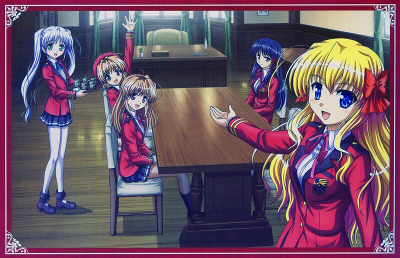 Anime Girls in School Uniforms — Red, Cheerful, Afternoon, School Uniform