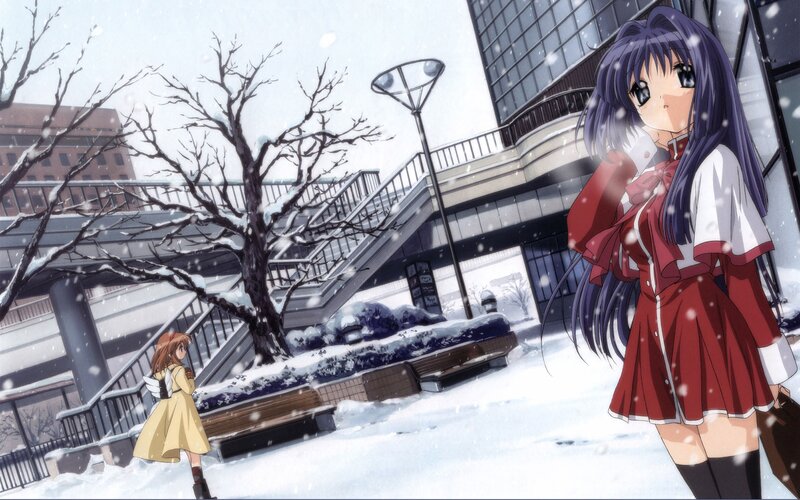 Anime girls in snowy city