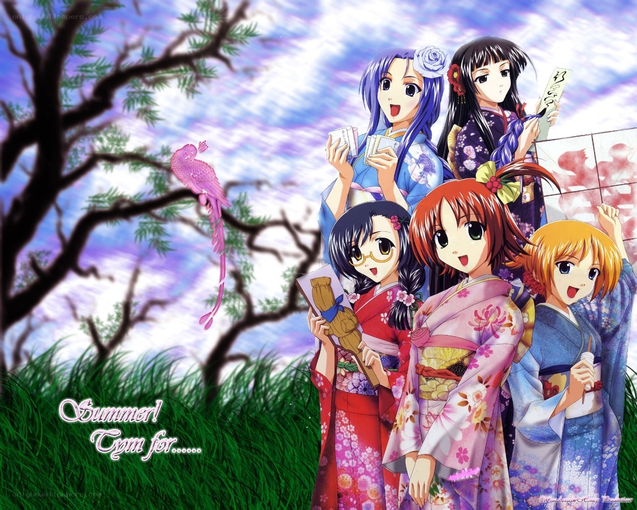 anime girls in summer kimono