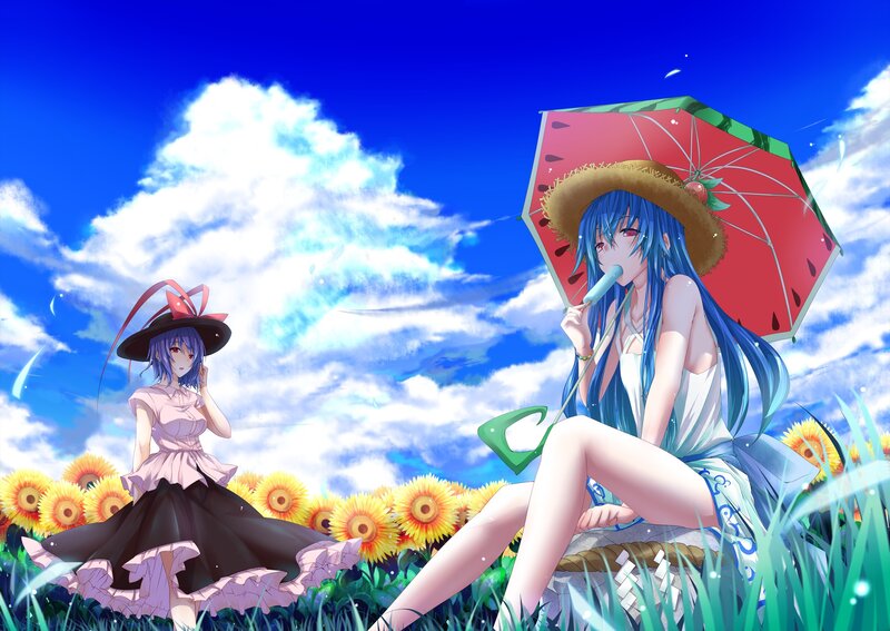 Anime girls in sunflower field
