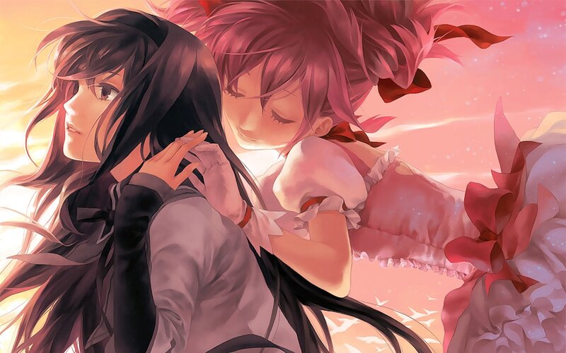 anime girls in sunset embrace