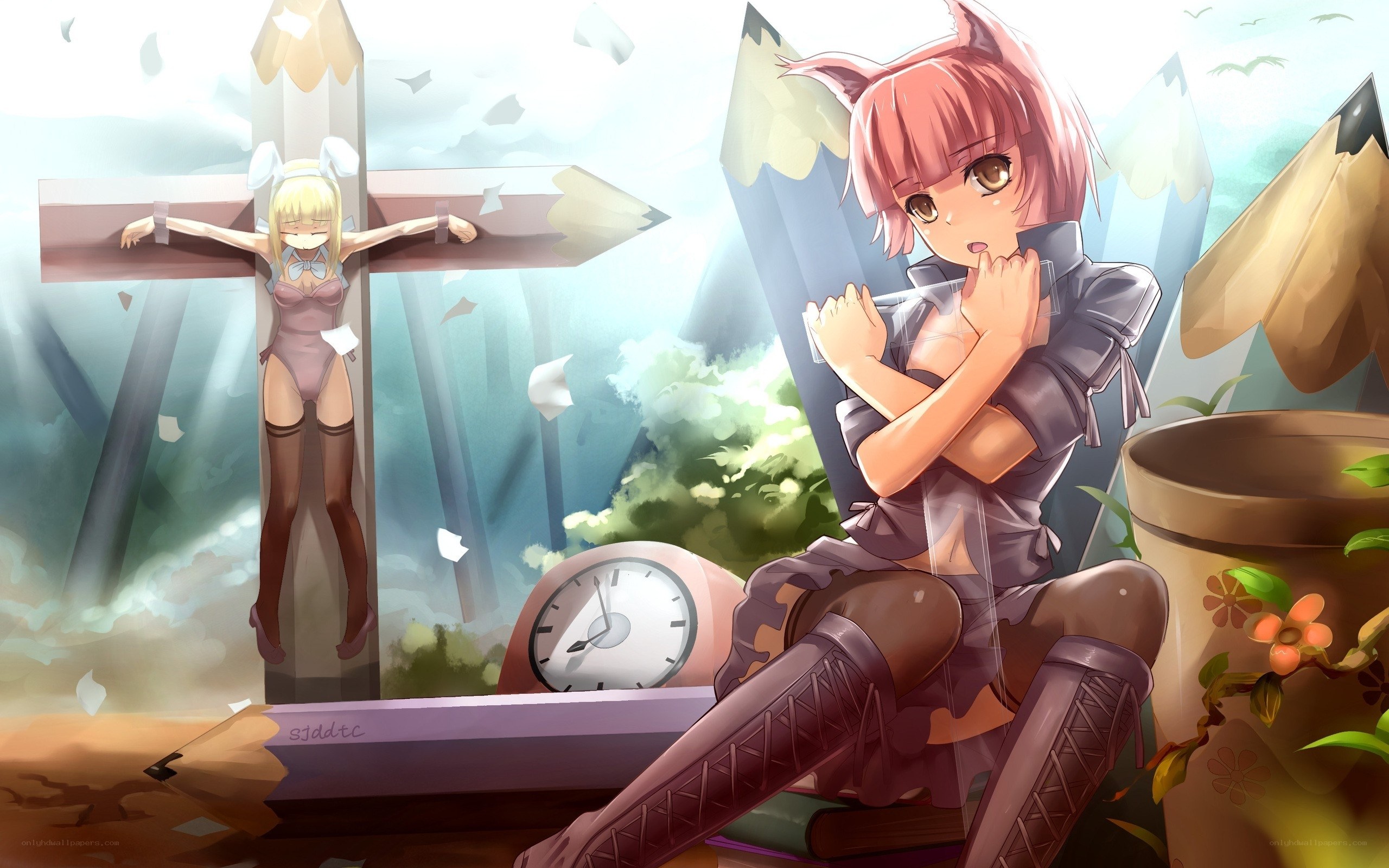 Anime girls in surreal scene