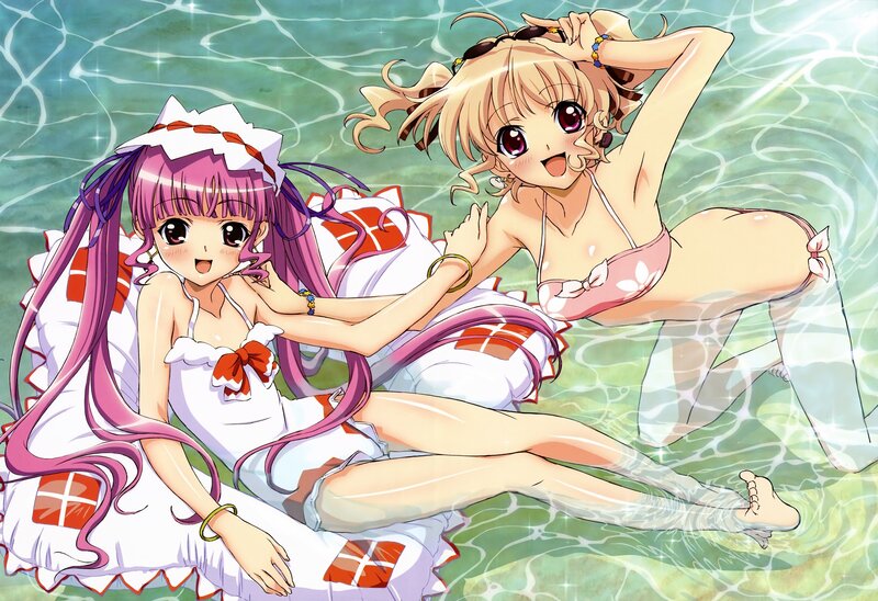 Anime girls in swimsuits at pool