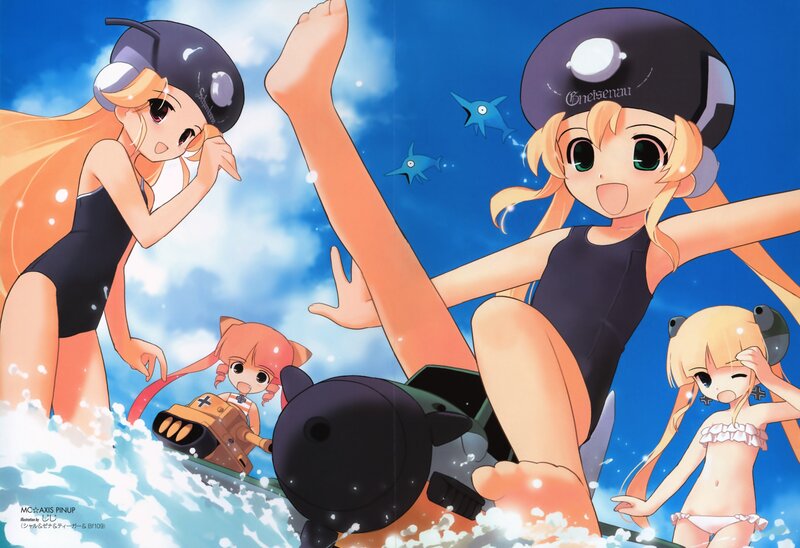 Anime girls in swimsuits at the beach