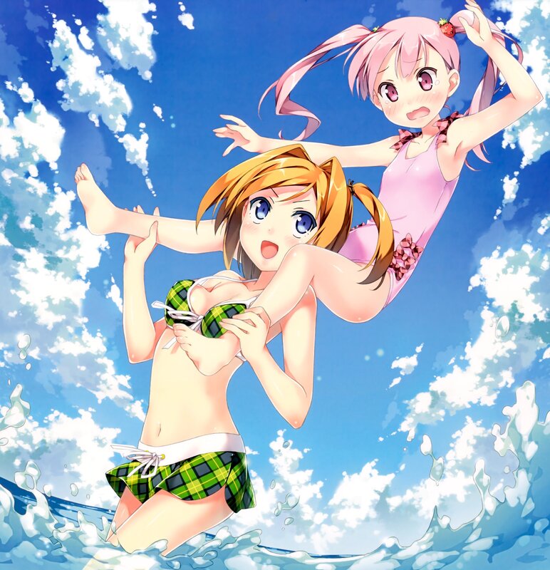 Anime girls in swimsuits at the beach