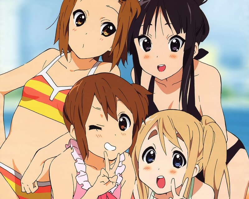 Anime girls in swimsuits at the beach