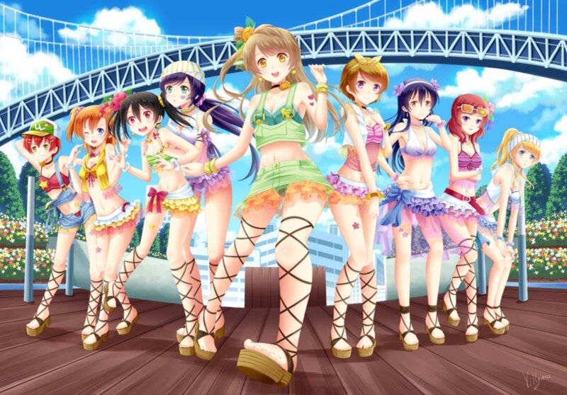 Anime Girls in Swimsuits — Blue, Cheerful, Afternoon