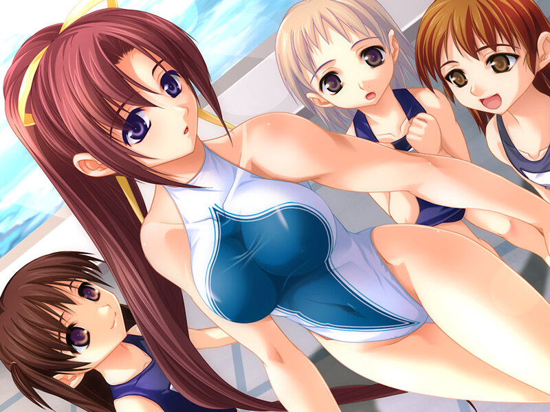 Anime Girls in Swimsuits — Blue, Playful, Summer, Pool