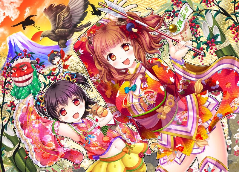 Anime girls in traditional Japanese attire