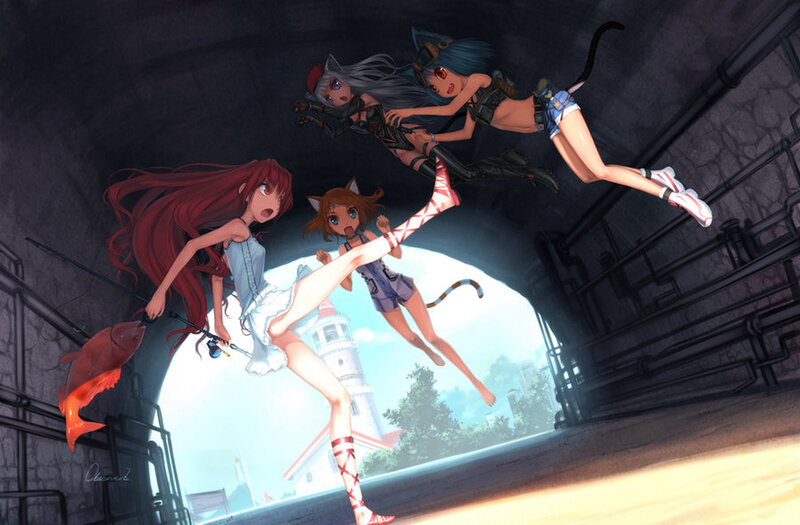 anime girls in tunnel scene