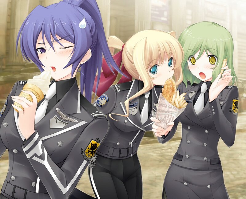 anime girls in uniform eating snacks
