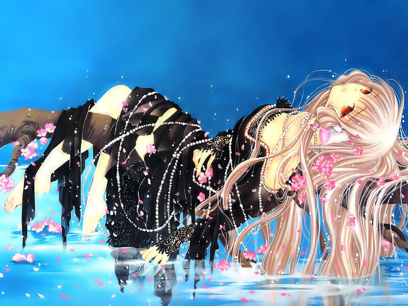 anime girls in water with petals