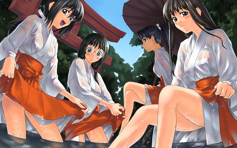 anime girls in wet kimonos