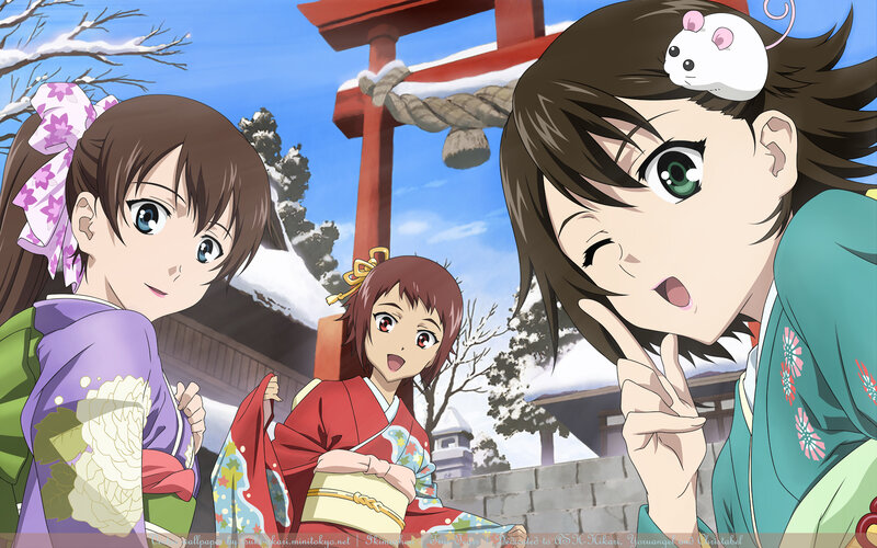 Anime girls in winter at shrine
