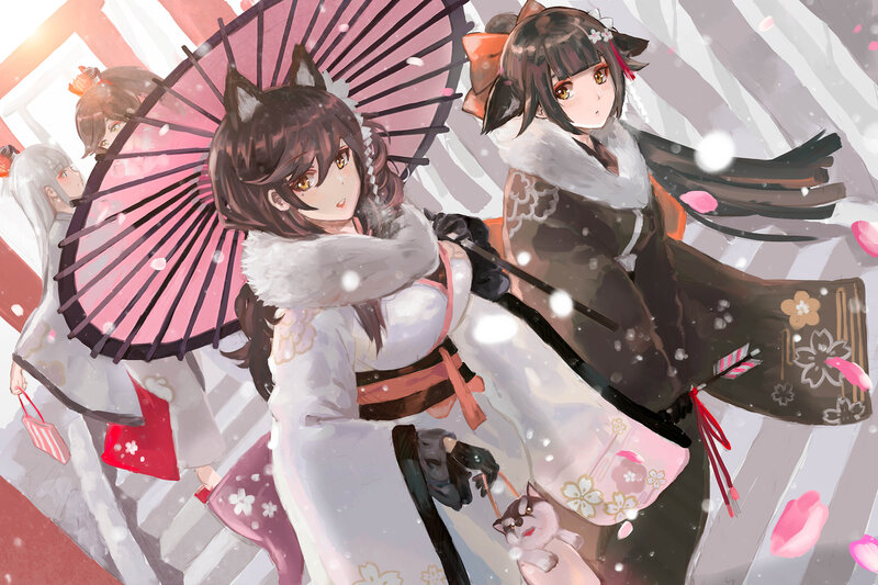 Anime Girls in Winter — White, Serene, Digital Art, Umbrella