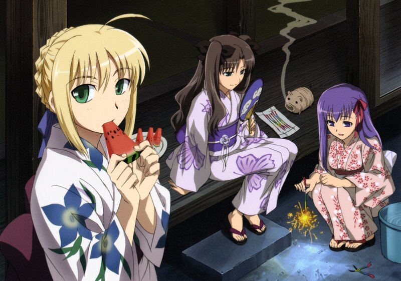 anime girls in yukata