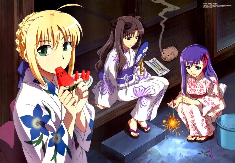 anime girls in yukata
