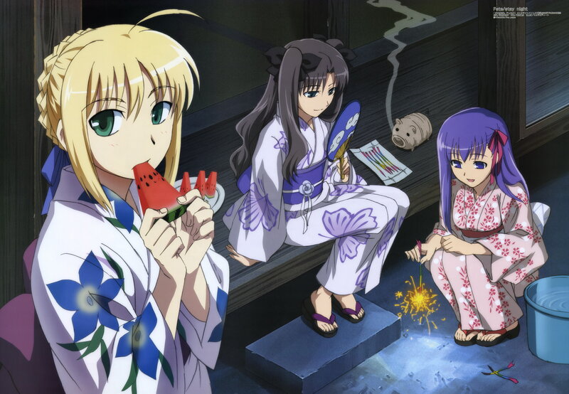 anime girls in yukata at night