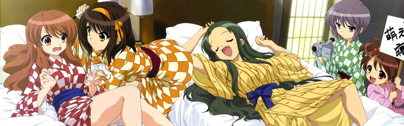 anime girls in yukata on bed