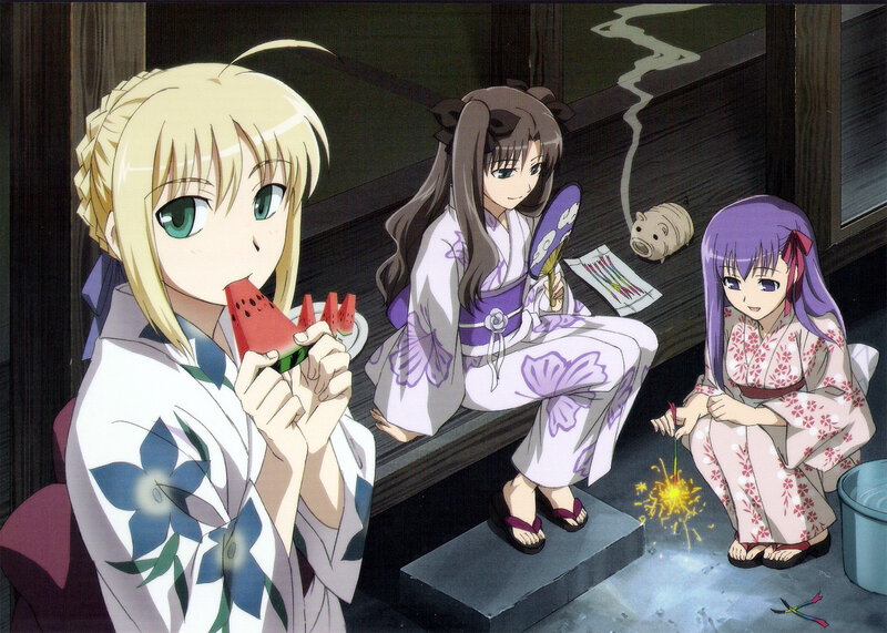 anime girls in yukata