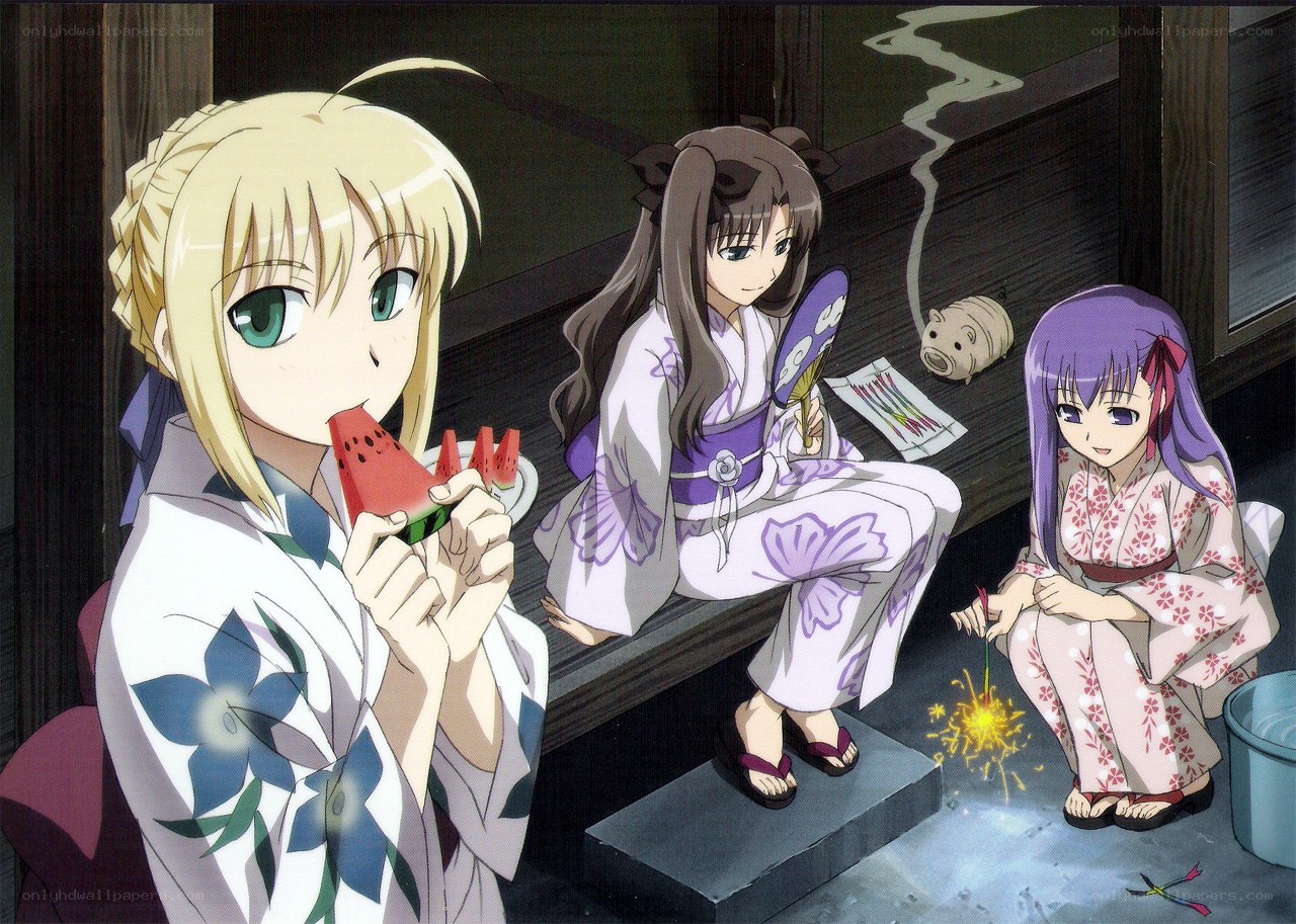 anime girls in yukata