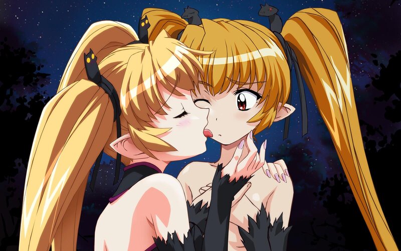 anime girls kissing at night