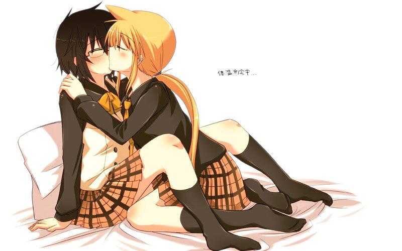 anime girls kissing on bed