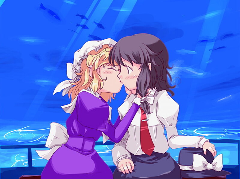 anime girls kissing underwater