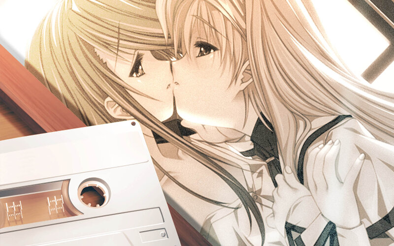 anime girls kissing with cassette