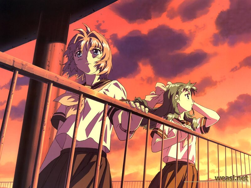 anime girls on a balcony at sunset